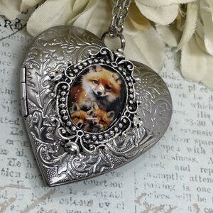 Heart Silver Locket Fox Foxes Mom Baby Kit Nature Gift Necklace Photo wedding